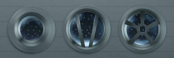 Porthole in spaceship, metal round windows vector