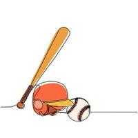 Continuous one line drawing baseball and softball label. Ball and helmet with wooden bat. Sporting symbol and mascot. Variety of baseball equipment, bat, ball, helmet. Single line draw design vector