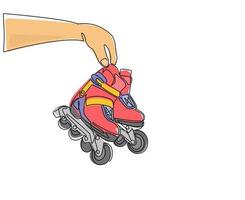 Single one line drawing player hand holds rollerblade. Man hand holding pair of old retro plastic inline skates shoes. Vintage classic extreme sport. Continuous line draw design vector illustration