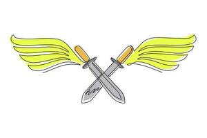 Single one line drawing flying two crossed swords. Weapon of medieval fantastic warrior. Winged two crossed swords logo with elegant outspread wings. Continuous line draw design vector illustration