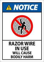 Notice Sign Razor Wire In Use Will Cause Bodily Harm vector