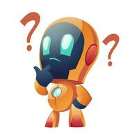 Chatbot with question marks, thoughtful robot faq vector