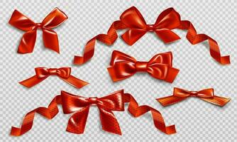 Red bows with curly ribbons and heart pattern set. vector