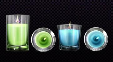 Burning candles in glass jars front and top view vector