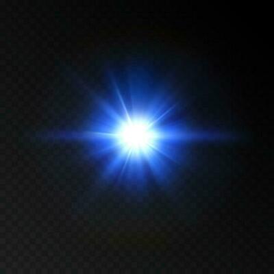 Vector illustration of light blue flash on transparent background. Explosion template. Realistic glowing burst star. Bright glare effect.