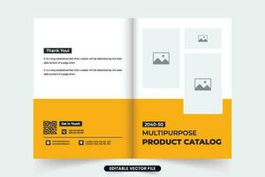 producto catalogar folleto cubrir vector con amarillo y oscuro colores. moderno mueble rebaja catalogar cubrir modelo diseño con foto marcadores de posición marca producto y mueble catalogar vector para marketing.