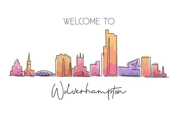 Continuous one line drawing Wolverhampton skyline, England. Famous city scraper landscape. World travel home wall decor art poster print concept. Single line draw design vector graphic illustration