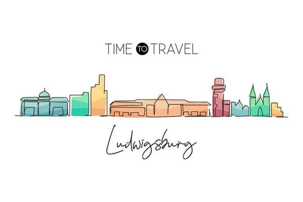 Single continuous line drawing Ludwigsburg skyline, Germany. Famous city scraper landscape. World travel home wall decor art poster print concept. One line draw graphic design vector illustration