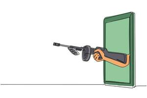 Single continuous line drawing hand holding Thompson submachine gun through mobile phone. Concept of mafia video games, e-sport, entertainment application for smartphones. One line draw design vector