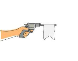 Continuous one line drawing hand holding shooting toy gun pistol with empty flag. Weapon pistol toy isolated. Element of joke surprise day icon. Single line draw design vector graphic illustration