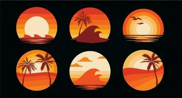 Retro Beach Sunset Set Sea Ocean Vacation Travel Summer vector