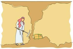 mujer de negocios de dibujo de una sola línea continua cavando con pico para obtener diamantes. trabajador excavando y extrayendo diamantes en un túnel subterráneo. Ilustración de vector de diseño gráfico dinámico de una línea