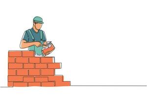 Continuous one line drawing repairman building brick wall. Construction worker in uniform and helmet doing work. Builder concept. Repair work services. Single line design vector graphic illustration