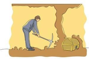 Single one line drawing businessman digging with pickaxe looking for hidden treasures. Man digging and mining for treasure chest in an underground tunnel. Continuous line draw design graphic vector