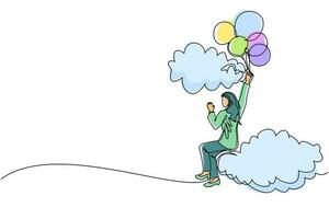 Single one line drawing Arabian businesswoman floating with balloon. Woman holding balloon flying through cloud. Worker reaches goal, target, finds solution. Continuous line draw design graphic vector