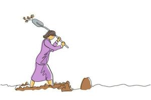 Continuous one line drawing businesswoman digging in dirt using shovel. Woman in blazer dig ground with spade. Treasure digging, growth wealth concept lucky rich woman. Single line draw design vector