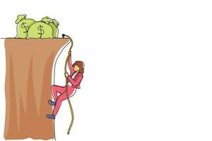 Single continuous line drawing active businesswoman doing rope climbing towards money bag. Climber hanging on rope, pulling himself on top of rocky mountain wall. One line draw graphic design vector