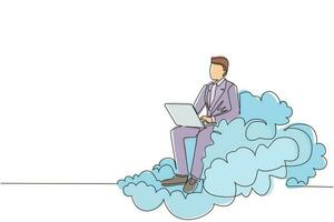 Single one line drawing businessman sitting on cloud in sky and working with laptop. Wireless connection. Social networking and chatting using cloud storage. Continuous line draw design graphic vector