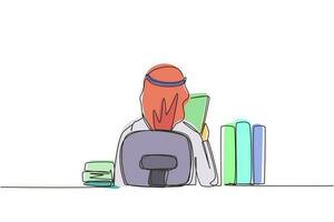 Single continuous line drawing back view of young Arabic man sitting at desk and reading book, student studying hard, preparing before exam with pile of books. One line draw design vector illustration