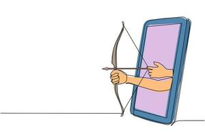 Single continuous line drawing archer hand holds arrow and bow through mobile phone. Smartphone with archery games app. Mobile sports stream championship. Dynamic one line draw graphic design vector