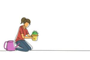 Continuous one line drawing happy girl taking care of houseplants growing in planters. Young cute woman cultivating potted plants at home. Female enjoying her hobby. Single line draw design vector