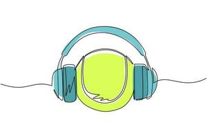 Continuous one line drawing tennis ball with headphone. Tennis commentator sport icon white isolated. Flat cartoon style suitable for web, banner, sticker. Single line draw design vector illustration