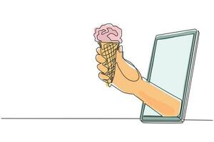 Single continuous line drawing hand holding ice cream in waffle cone through mobile phone. Concept of restaurant order delivery online food. Application for smartphones. One line draw design vector