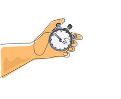 Single continuous line drawing human hand holding stopwatch. Arrow, clock, meter. Measurement and time management concept for banner, website design or landing web page. One line draw design vector