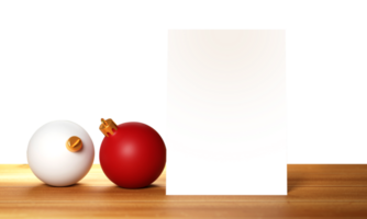 groet kaart met 3d Kerstmis ballen, Aan bruin houten tafel png