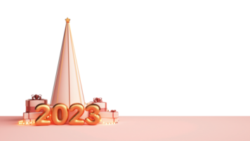 3D Golden Balloon 2023 Number With Gift Boxes, Lighting Garland And Cone Shape. png