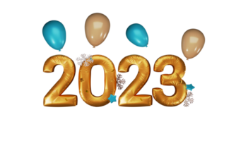 3d geven van gouden folie 2023 aantal met sneeuwvlokken, sterren, glanzend ballonnen en confetti. png