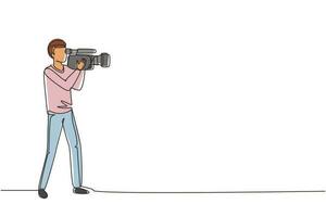 Continuous one line drawing professional camera operator holding big camera on shoulder. Cameraman, reporter shooting TV content. Videographer with camera. Single line draw design vector illustration