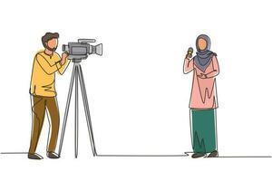 Single continuous line drawing Arab woman reporter. Journalists to report. Two Arabic journalists. Team of woman reporter journalist man operator broadcasting. One line draw design vector illustration