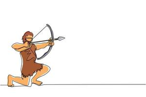 Single continuous line drawing primitive person hunts animal. Stone age hunter, man hunting an ancient animal with bow and arrow, man of prehistoric period with weapon. One line draw design vector