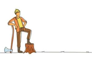 Single continuous line drawing smiling lumberjack wearing workwear and beanie hat, standing with axe and posing with one foot on a tree stump. Dynamic one line draw graphic design vector illustration