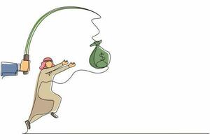 Single one line drawing hand with fishing pole and money bag control greedy Arabian businessman under hypnosis. Man running after dangling money bag, trying to catch it. Continuous line design vector