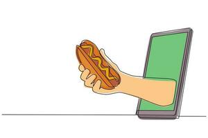 Single one line drawing hand holding hotdog through mobile phone. Concept of restaurant order delivery online food. Application for smartphones. Continuous line draw design graphic vector illustration