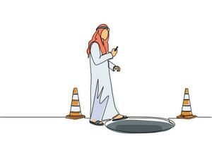 Single one line drawing Arab businessman character going on street watching by smart phone and did not see open manhole. Man walks to business trap. Continuous line design graphic vector illustration