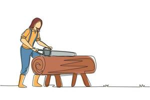 Single continuous line drawing sawmill concept. Professional woman lumberjack cutting tree by chainsaw for further processing. Global deforestation. One line draw design graphic vector illustration