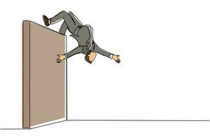 Single one line drawing businessman jumping over brick wall with acrobatic over head style to achieve his goal. Businessman jumping over the wall of barriers. Modern continuous line draw design vector