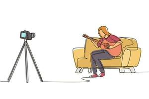 Single continuous line drawing woman blogger recording and live steam playing guitar on social media. Concept of guitarist online lesson while stay at home. One line draw design vector illustration