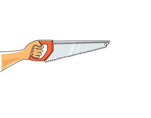 Continuous one line drawing hand holding saw. Saw on wood for sawing boards, plywood. Tool fitter, carpenter. Steel hacksaw for working with board. Single line draw design vector graphic illustration