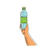 Single continuous line drawing man squeezes in his hand an empty plastic bottle on white background. Plastic problem and failure or disposal and recycling. One line draw design vector illustration