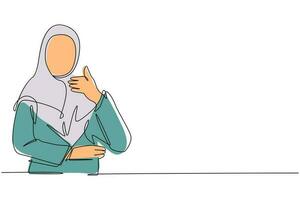 dibujo de una sola línea mujer de negocios árabe segura de sí misma pulgar hacia arriba. mujer emocionada vestida con hiyab mostrando el pulgar hacia arriba. tratar, gustar, estar de acuerdo, aprobar, aceptar. vector gráfico de diseño de dibujo de línea continua