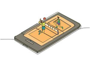 Single continuous line drawing volleyball court with two players on smartphone screen. Professional sports competition, volleyball players during match, mobile app. One line draw graphic design vector