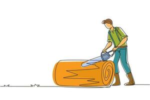 trabajador de la industria de la madera de dibujo de una sola línea con motosierra trabajando. maderero de hombre aserrando troncos en el bosque. leñador corta madera, ocupación de leñador. ilustración de vector de diseño de dibujo de línea continua