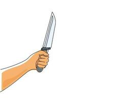Single one line drawing hand holding kitchen knife. Hand with knife icon. Sharp, utensil. Equipment. Knife used for topics like kitchen, cooking, chef. Continuous line draw design vector illustration