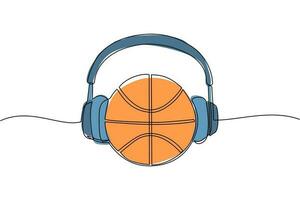 Single one line drawing basketball ball with headphone. Basketball commentator sport icon concept isolated. Flat cartoon style suitable for web, banner, sticker. Continuous line draw design vector