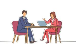 Single continuous line drawing woman journalist interviewing guy at desk. Microphone, discussion, speech. Social media, communication concept. Dynamic one line draw graphic design vector illustration