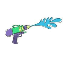 Pistola de agua de dibujo de una sola línea continua para el festival Songkran en Tailandia. logo para el festival del agua con pistola y gotas de agua. juguetes de verano de plástico para niños. ilustración de vector de diseño de dibujo de una línea